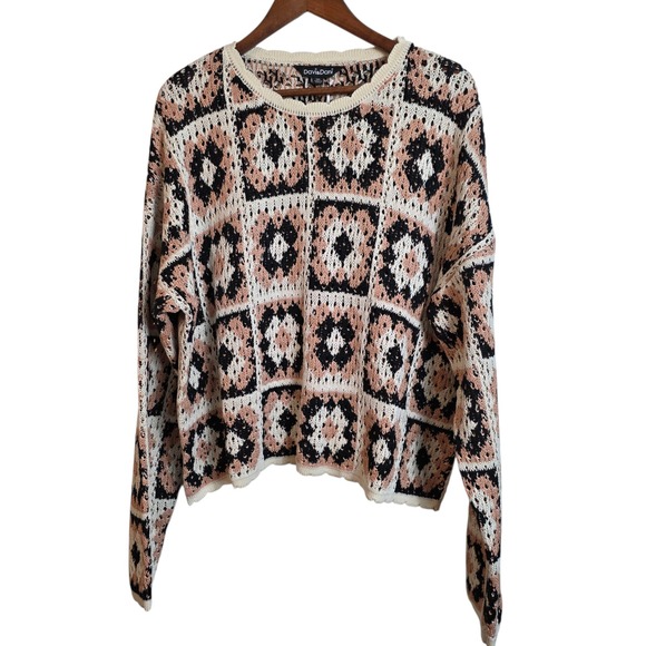 Davis & Dani Womens 1XL Tan Black Cream Geometric Open Knit Sweater - Picture 4 of 17